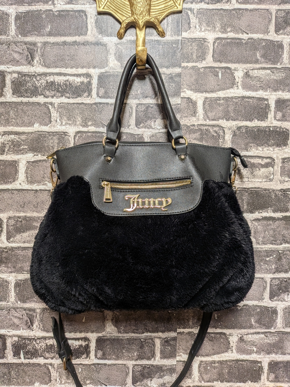 VINTAGE Juicy Couture Black Fur Tote Bag w/ Gold Hardware